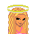 Pixel art of a blonde woman with angel halo wearing pink top and blue jeans, alongside partial views of her torso, head, Eiffel Tower, and 'Angel' text.