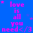 Blue background with pink text repeating 'love is all you need <3' and small stars scattered throughout.