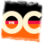 Pixelated static icon featuring two large circular eyes with German flag colors inside, black hair above, and orange lower section against white background.