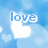 Blue background with white hearts and the word 'love' in light blue text, featuring pixelated animation effects.