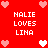 Red background with pixelated hearts and repeated text 'MALIE LOVES LINA' in white block letters.