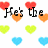 Pixelated heart-shaped icons in red, orange, green, and blue arranged on a white background with partial text reading "He's the" and "I can use".