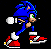 Pixel art of a blue anthropomorphic hedgehog in six sequential running poses with red-and-white sneakers, green eyes, and white gloves against black background.