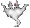 Animated white ghost-like figure with two small heads, each wearing a blue and red hat, performing a spinning motion against gray background.