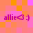 Pixelated pink and orange background with four identical purple text icons reading 'allie<3 }' arranged in a layout