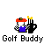 Pixelated character in red cap and blue shirt holding golf club with yellow flag on gray background, text 'Golf Buddy' below.