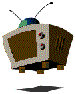 Pixelated retro TV with antennae, brown screen area, and control knobs showing animated white squiggles on the display.