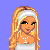Pixel art of a woman with long blonde hair and white headband, holding a small white purse against blue background.