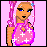 Pixelated character with light brown skin, blue eyes, and pink braided hair wearing a pink top with white crosses on a pink background.
