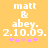 Yellow background with white text reading "matt & abey. 2.10.09." and five pink asterisks below, where the third asterisk is lighter in the second frame.