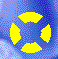 Yellow shapes on blue background transition from scattered arrangement to four-pointed star formation.