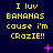 Yellow pixelated text on dark blue background reads "I luv BANANAS cause i'm CRAZIE!!" with scattered pink star and dot shapes.