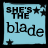 Light blue square icon with black text "SHE'S THE blade" and scattered star symbols, displayed in a of identical copies