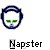 A static icon shows a white cartoon head with green eyes and blue headphones, positioned above the text 'Napster' on gray background.