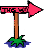 Pixelated signpost with pink arrow reading 'THIS WAY' on brown post, green base, blue shadow; right image shows slightly different pixel alignment.