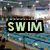 Four display swimming-themed visuals with 'SWIM' text; top-left shows a pool scene, top-right a turtle, bottom-left a fishbowl, and bottom-right is blank