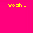 A bright pink background displays yellow pixelated text reading 'woah...' and 'pink...', with a gray rectangular shape in the bottom right corner.