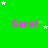 Green background with repeated pink 'Sara!' text and white stars, one gray rectangle in bottom-right corner.