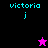 Pixelated text 'victoria j' in cyan on black, purple, and pink backgrounds with a star symbol changing from pink to black.