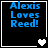 Blue text 'Alexis Loves Reed!' on black background with white border, featuring a heart symbol that changes from single to double then grayed out.