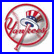 A circular red-outlined baseball with a blue and white design, next to a black-and-white text block reading 'YANKEES SUCK!' on a solid blue background.