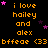 Pixelated orange text on black background with pink stars, repeating 'i love hailey and alex' and 'bffee <33 bffee <33' in a pattern