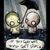 Two cartoon characters with large eyes stand side-by-side under a dark umbrella, one holding a speech bubble with unreadable text.