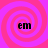 Four identical spiral patterns in pink and purple with black text 'em' at the center of each, arranged in a on a solid background