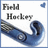 Pixelated icon with 'Field Hockey' text above a blue hockey stick and puck on white background, bordered by light blue frame.