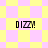 Yellow and pink checkered background with four instances of the text 'DIZZ!' in black pixelated font, arranged in a pattern