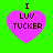 Four identical pixelated pink hearts on a bright green background, each containing text "I LUV TUCKER" in black block letters.
