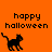 Orange background with black text 'happy halloween' and a pixelated black cat icon in three positions.
