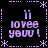 Pixelated purple text 'i love you!' in four quadrants with star and dotted line borders on black background.