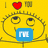 Yellow background with six identical cartoon faces arranged in two , each face has a red heart above and text box below