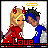 Pixel art of two figures with blonde and dark hair, red horns, blue clothing, white halos above heads, and 'Love' text at bottom.