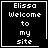 Four identical black square with white pixelated text reading "Elissa Welcome to my site" and a single white underline beneath "site"; two include small white symbols in the bottom-right corner