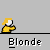 Pixelated character with blonde hair and yellow shirt stands beside a black vehicle, with text bubbles reading "What's that?" and "Blonde" on a gray background.