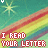 A static image with a teal background featuring diagonal rainbow stripes and white starbursts, displaying red pixelated text reading "I READ YOUR LETTER:" in multiple