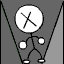 Animated contact sheet showing six sequential frames of a stick figure dancing with rotating X-shaped head, set against gray background with green and yellow geometric shapes.