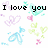 Pixelated image with 'I love you' text and multiple heart shapes in pastel colors on white background.