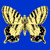 Five pixelated butterflies with yellow and black patterned wings on a solid blue background, arranged in two with one empty space