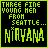Two side-by-side pixel art frames of a green-on-black animated buddy icon featuring text about Nirvana and three young men from Seattle, with visible animation changes in the top-right corner.
