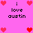 Pixelated pink background with red heart icons and black text reading "i love austin" in multiple positions.