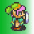 Pixelated character with green and orange hair, pink eye patch, teal outfit holding shield on gradient green background.
