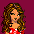 Pixel art of a woman with long brown hair in red top and blue jeans, surrounded by yellow text on maroon background.
