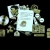 Pixelated static image shows a central document with circular mark surrounded by abstract shapes on black background.