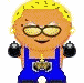 Pixelated cartoon character with blonde hair, yellow glasses, blue overalls, and a gold necklace, holding black and silver dumbbells in alternating hands across frames.