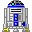 Six pixelated R2-D2 icons arranged in a , each with distinct head light colors and body details