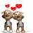 Two cartoon dogs stand side-by-side with red collars, white paws, and brown bodies; animated hearts float above them in varying quantities across frames.