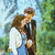 Two distinct scenes: a couple embracing outdoors with green foliage and blue sky, and two people in a close-up with dark hair and green clothing.